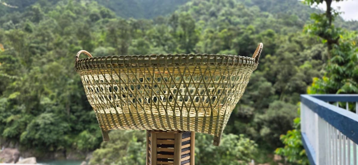 Wide shallow bamboo basket with bound rim