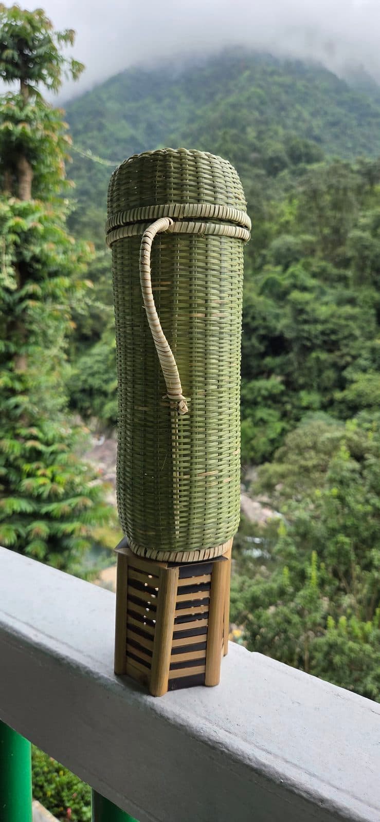 Woven bamboo bottle cover with lid and cane carry loop