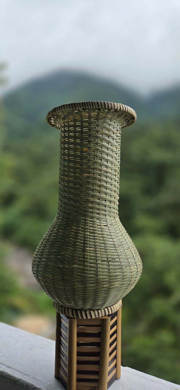 Woven bamboo floor vase in fine vertical rib weave