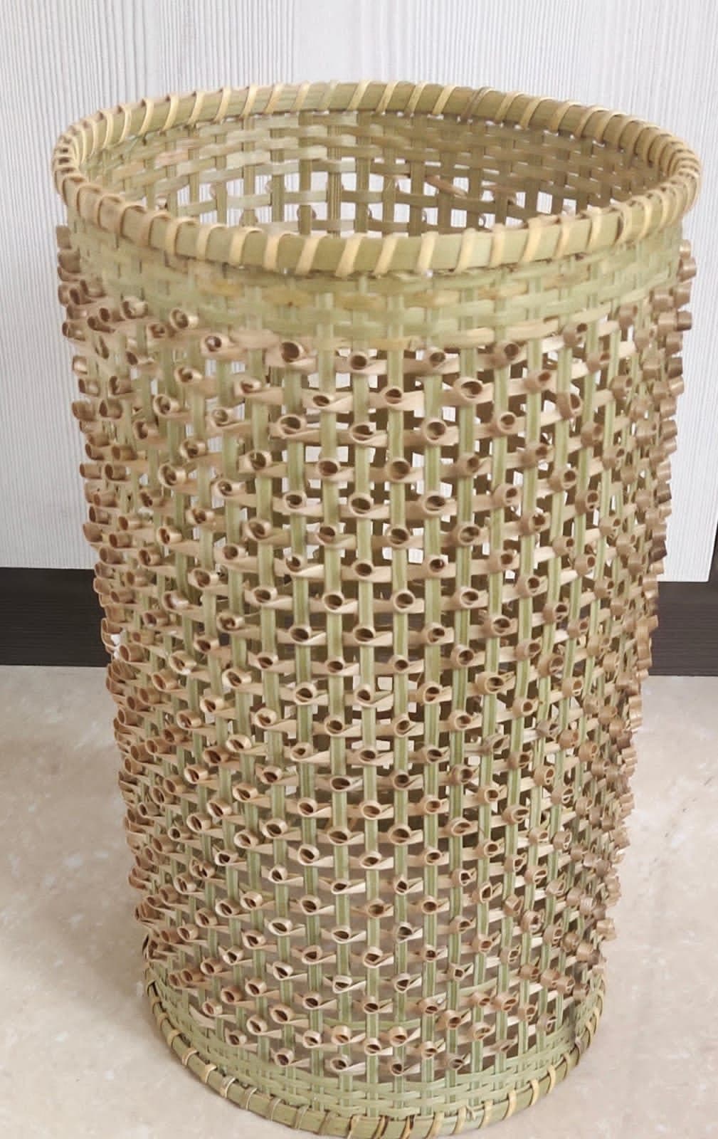 Open woven bamboo bin in natural finish