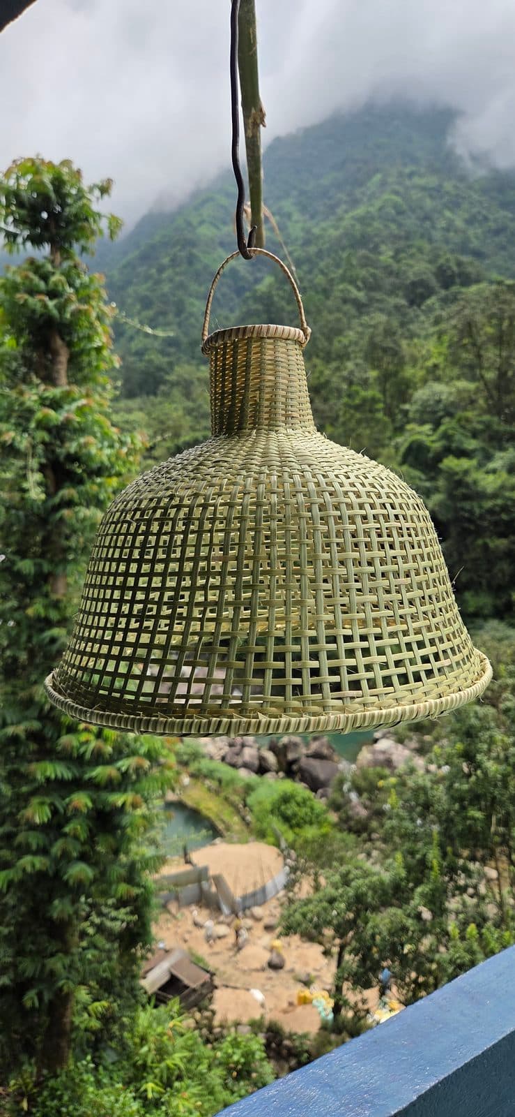 Tiered bamboo pendant shade with woven finial