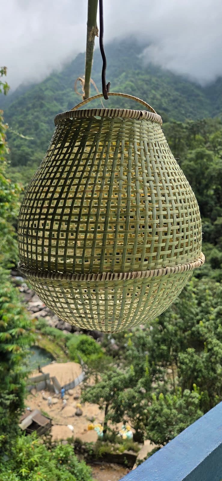 Rounded bamboo pendant shade with woven collar