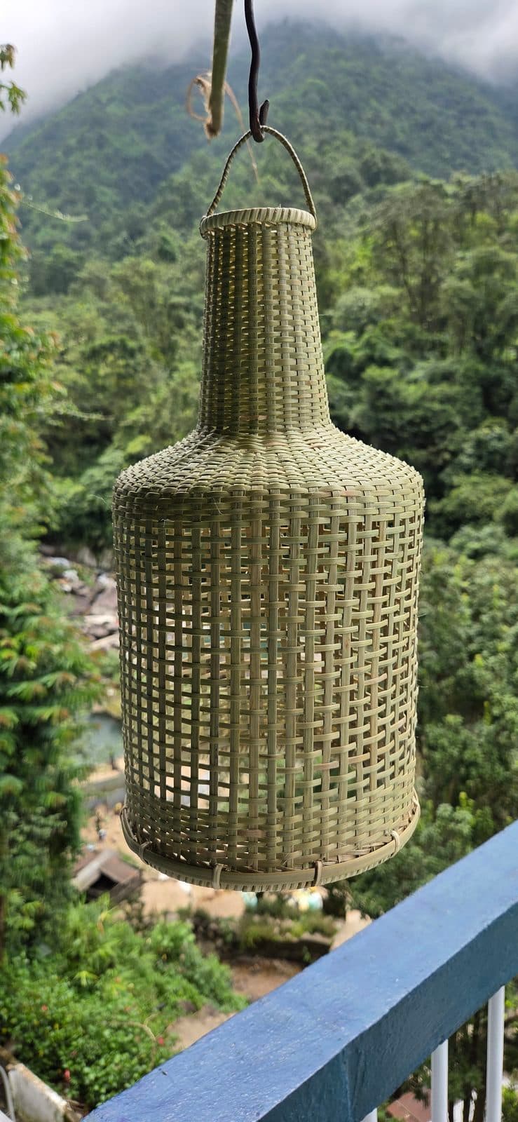 Tall bell-profile bamboo pendant shade