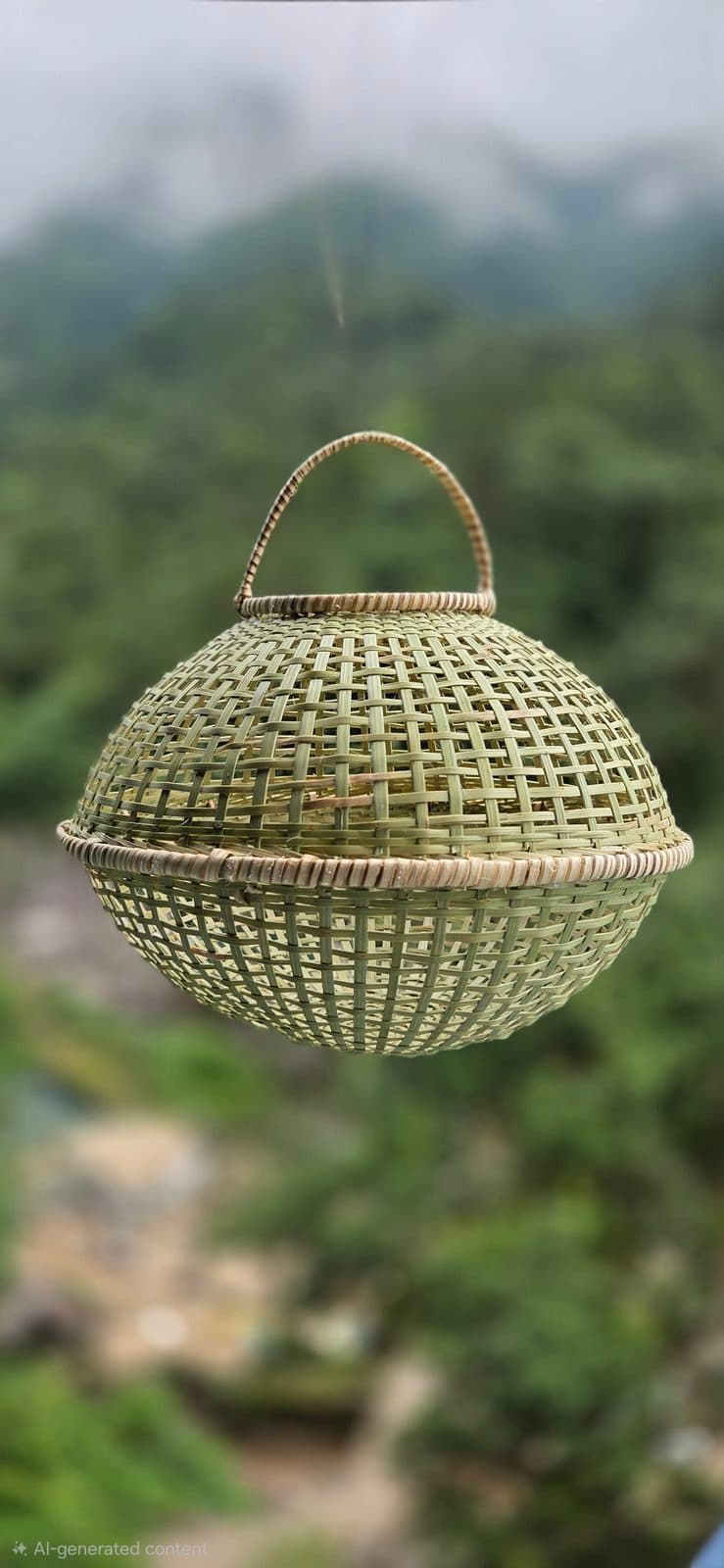 Round bamboo pendant shade with woven top handle