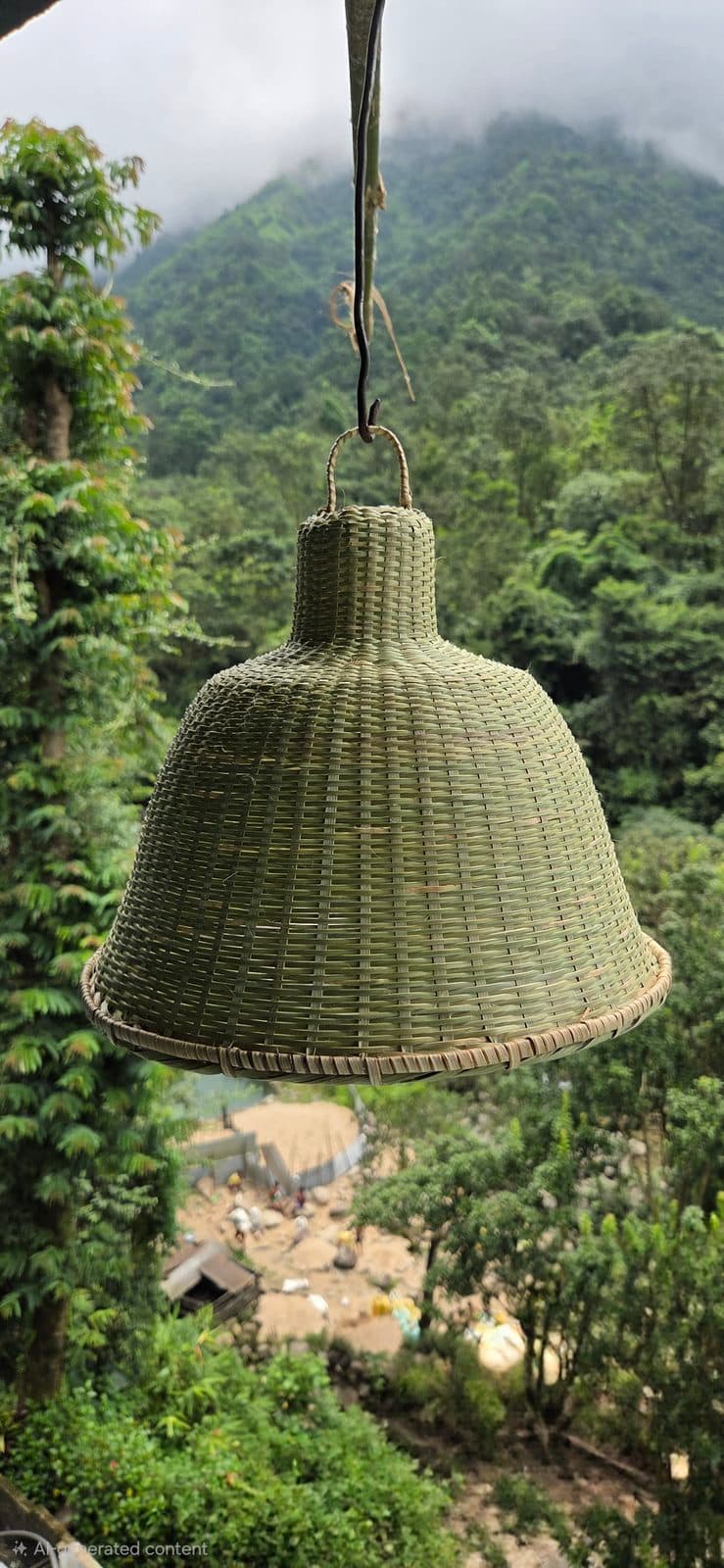 Conical bamboo pendant lampshade with wide lower opening